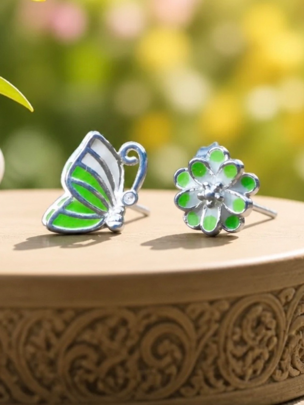New Tiny Enamel Butterfly Flower Earrings | Sterling Silver 925